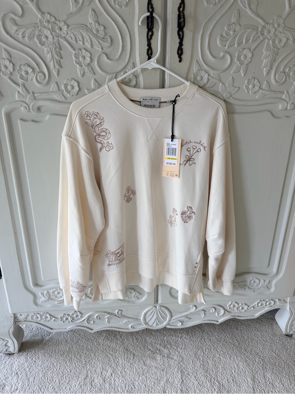NWT Scotch & Soda Cream Embroidered Crewneck